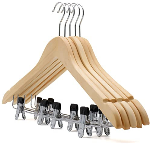 The Hanger Store 10 Wooden Suit Coat Clothes Hangers with bar and clips for Trousers, Skirts, Shirts