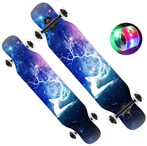DFWYG Longboards Fuir Anfanger 42 Zoll Fancy Retro Old School Pinsel Street Drop-Through Skateboards,Kinder Mädchen Jungen Erwachsene Abec-11 Kugellager Buntem LED-Lichtrad Penny Board,Blau