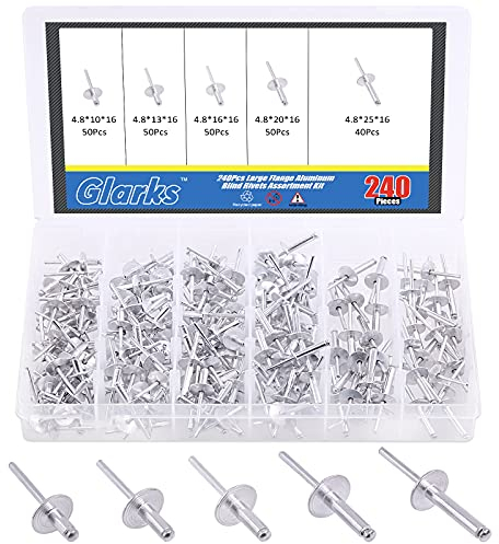 Glarks - Set di 240 rivetti a flangia grande, 3/16 x 3/8'' / 1/2'' / 5/8'' / 3/4'' / 1''