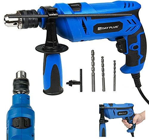DayPlus Perceuse électrique à percussion avec fil pour atelier, marteau-burineur 2 en 1 avec tournevis, puissante perceuse à vitesse variable pour le perçage de l'acier, de la maçonnerie, du béton et
