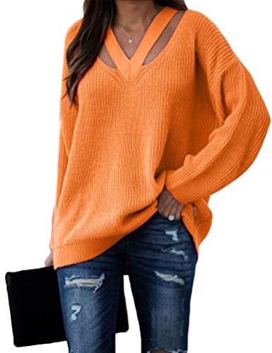 ORANDESIGNE Pull Femme à Col en V Couleur Unie Sexy Creux en Maille Haut Tricot à Manches Longues Chaud Lâche Grande Taille Automne Hiver A Orange 3XL