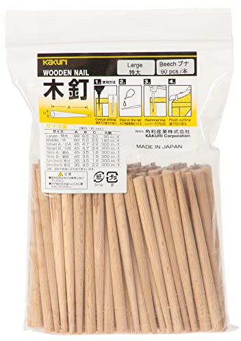 KAKURI Wooden Nails for Woodworking 15/64 inch (6mm), Tapered Wooden Dowel Rods for Crafts and Small Furniture, Natural Japanese Beechwood, Bulk 90 Pcs, Made in Japan