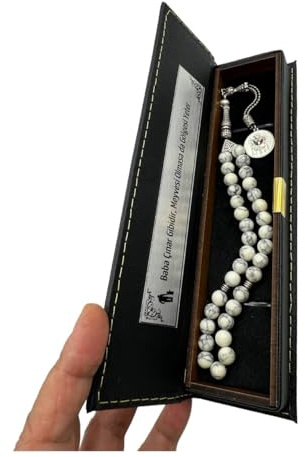 Generisch Eigene Handarbeit - Tesbih in weiß - Personalisierte Gebetskette mit Gravur - Eigene Herstellung direkt aus Offenbach - Gravur mit Namen - Naturstein - Mit Geschenkbox - Beste Geschenkidee