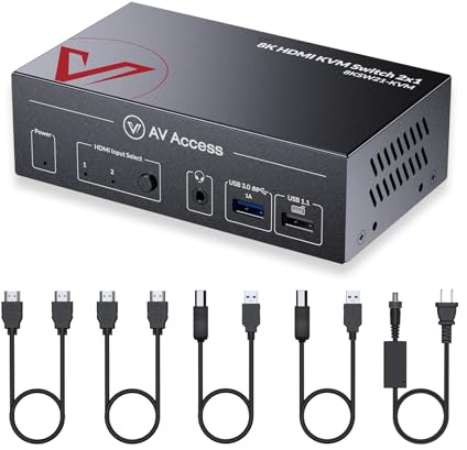 AV Access 8K KVM Switch 2 Computers 1 Monitor with HDMI 2.1, USB 3.0 & Hotkey Switching, Supports 10K@120hz, 8K@120hz, 1080P@240hz & 2K@165hz for All Operating Systems, Ideal for Gaming, Workstation
