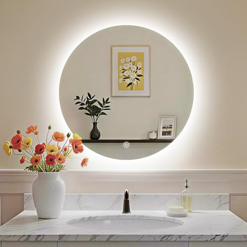 S'AFIELINA Badspiegel mit Beleuchtung Rund 50cm Durchmesser LED Badspiegel mit Touchschalter Dimmbar Badezimmerspiegel Rund Kaltweiß 6500K IP44 Energiesparend