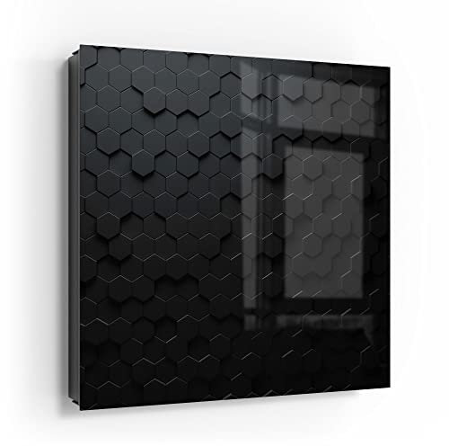 DEQORI Schlüsselkasten schwarz | 30x30 cm | Motiv Abstrakte 3D-Struktur | Glas & Metall Schlüssel-Box | Schlüsselschrank mit 50 Haken + 2 Magnete | Moderne Box magnetisch & beschreibbar