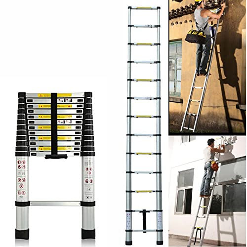 Royalswill 3.8M Telescopic Ladder 12.5FT Multi-Purpose Folding Aluminium Telescoping Ladder Foldable Ladder Extension Ladder Extendable Portable Loft Ladder Lightweight Work, 330lb Capacity, Silver