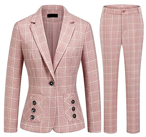 MODFUL Women's 2 Piece Business Plaid Suit Set Office One Button Slim Fit Blazer with Pant(01 Pink,X-Large)