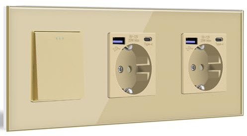 BSEED Interruptor de Pared con Doble Enchufe USB C 20W,1 Gang 2 Vías Interruptor Conmutador+Schuko Enchufe con Cargador Rápido USB Tipo C,Oro 10A Interruptor de Luz