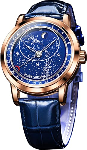 OLEVS Herren Uhren Sternen Himmel Mondphase Zifferblatt Mechanisch Automatische Aufziehen Blau Lederband Armbanduhr Mode Kleid Wasserdicht Leuchtende Männer Uhr