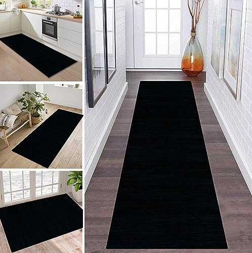 Läufer Teppich Lang Flur Küche rutschfest Waschbar Korridor Teppichmatten Schwarz Dunkelgrau 90X280CM Küchenteppich Küchenläufer Modern Teppichläufer Flur Schlafzimmer Wohnzimmer Meterware Eingang