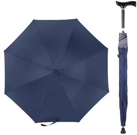 AVIITI Ombrello Per Bastone Da Passeggio, Ombrello Stampella Multifunzionale Regolabile in Altezza A 5 Livelli, Ombrellone Con Canna Da Arrampicata Antiscivolo,Blu,83~92cm/33~36inch