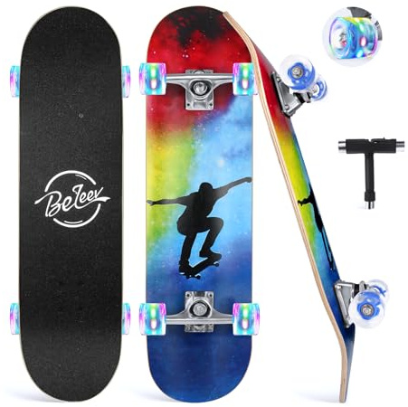BELEEV Skateboards, 31 x 8 inch Complete Skateboard for Beginners, 7 Layer Canadian Maple Double Kick Deck Concave Cruiser Trick Skateboard for Kids and Adults with Skate T-Tool(Blue)