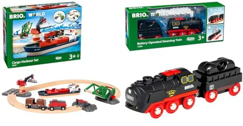 BRIO World 33061 Container Hafen Set -ab 3 Jahren & World 33884 Batterie-Dampflok mit Wassertank - Lokomotive mit echtem kühlen Dampf und Wasserbehälter zum Nachfüllen - Empfohlen ab 3 Jahren