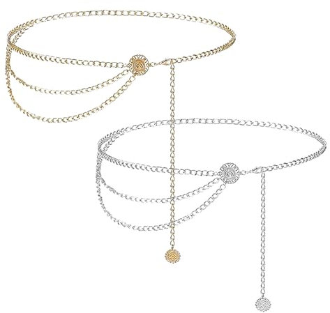 EUPSIIU 2 Stück Taillenkette Gürtel, Sexy Taille Kette, 110CM Bauchkette, Mehrschichtig Verstellbare Hüftkette Taille Kett Belly Chain, für Frauen und Mädchen Mädchen Kleid Taillenkette (Gold, Silber)