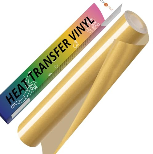 HTVRONT Plotterfolie Textil, Bügelfolie 30,5cm × 152,4cm(Gold) | PU Flexfolie, Zum Aufbügeln, Für T-Shirt & Stoffe, Einfach zu entgittern & zu bügeln, Für alle Plotter