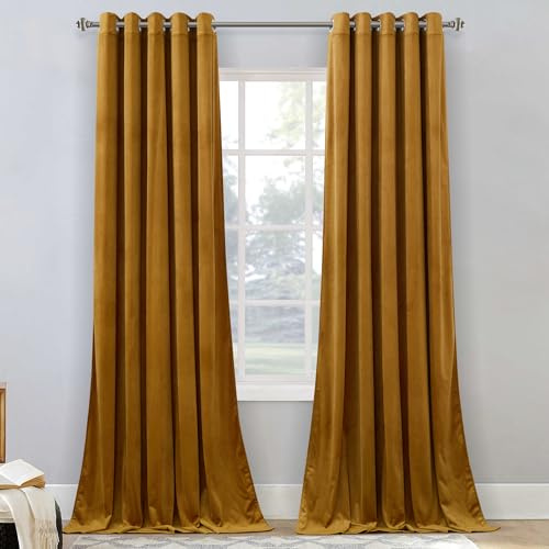 StangH Mustard Gold Velvet Curtains - Privacy Light Blocking Warming Drapes 102 inches Long for Living Room, Luxury Gold Backdrops Party Decor for Sliding Door/Hotel, W62 x L102, 2 Panels