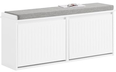 SoBuy Panca Scarpiera da Ingresso - Scarpiera Salvaspazio Slim in Legno, Panca Contenitore per 8-10 Paia di Scarpe, 155kg di Carico, Bianco, 100x26x46cm, FSR98-XL-W