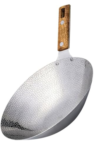 KICHOUSE Wok Cinese in Acciaio Inossidabile 22 Cm Con Manico in Legno, Padella Wok Tradizionale Multifunzione Per Fornello a Gas, Per Cucina Casalinga e Cottura a Frittura, Bollitura e Vapore