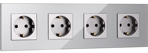 Navaris Cubierta de cristal con enchufes - Placa triple para pared con 4x enchufe europeo - Tapa empotrable con 4x toma - 29.9 x 6. x 3.9 cm - Gris