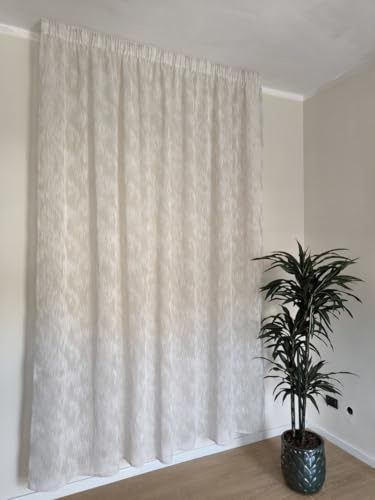 mauro Cortina con Cinta fruncidora a Medida, Tejido Color Lino Bordado Blanco, Ancho del Panel 280 cm, para rieles de 140/170 cm, Altura de 180 a 281 cm - 280 x 210 cm