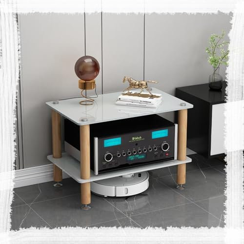 HAEKEBC HiFi Audio Video Geräteschrank Massivholz Gehärtetes Glas Verstärkerschrank Professionelles Rack Audio Tower Mehrschichtiger Stoßfester Medienständer(White,2 Tier)