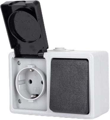 Interruptor y enchufe de montaje en superficie, 1 llave, 2 vías, gris - ideal para instalaciones eléctricas en hogares y oficinas.