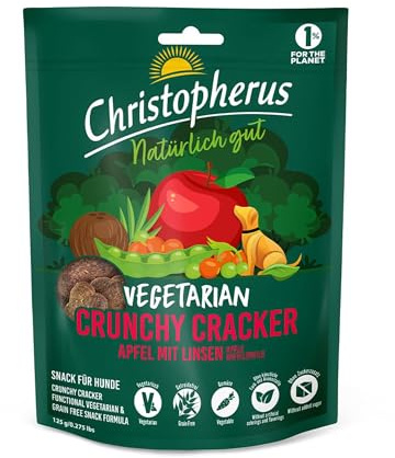 Christopherus Vegetarische Crunchy Snacks für Hunde, Apfel + Linsen, 125 g | Knusprige vegetarische Leckerlis, nachhaltig, mit Apfel & Linsen, getreidefrei, gut verträglich, fettarm, ideal als Belohnung