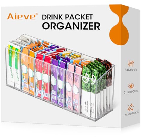 AIEVE Drink Packet Organizer, Water Drink Packet Holder with Removable Divider, Water Flavor Packet Organization Container for Kitchen Organizers and Storage (6 Compartments)