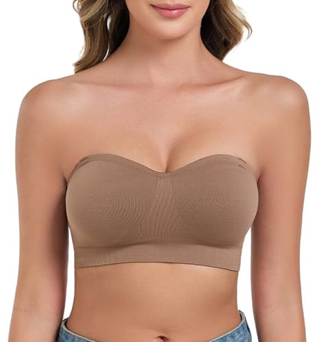 ANGOOL Women's Bandeau Bra Strapless Non-Wired Padded Seamless Multiway Convertible Straps Full Support Non-Slip, Brown, M