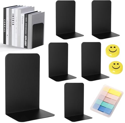 KIMIGO 6 pezzi Reggilibri in metallo,Fermalibri in Metallo,21 * 13.5 * 9cm,Mit 2 Magneten und Haftnotizen,per Scuola, Ufficio e Casa