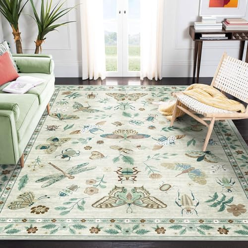 Othilic Floral 5x8 Living Room Area Rug - Ivory Soft Washable Boho Rugs for Bedroom Aesthetic Stain Resistant Carpet Non Slip Modern Insect Print Rugs for Living Room Dining Room Kids Room Office