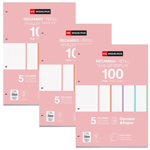Miquelrius - Blocs de recambio, 300 hojas cuadriculadas 5x5 mm, Papel opaco 90 g/m², Recambio hojas A4 perforadas para carpeta de anillas o archivadores, Material escolar ideal para la vuelta al cole