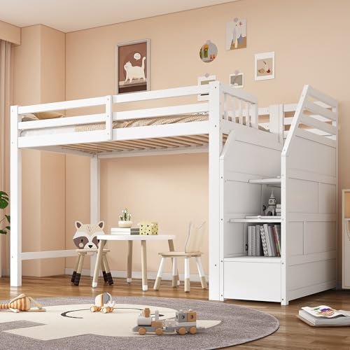 Luxeza Hochbett, 90x200cm, Bett mit Lattenrost (ohne Matratze), Geländer, Verstaubare Stufen, Freier Raum zum Verkleiden nach Belieben, EN747 Zertifiziert, Weiß