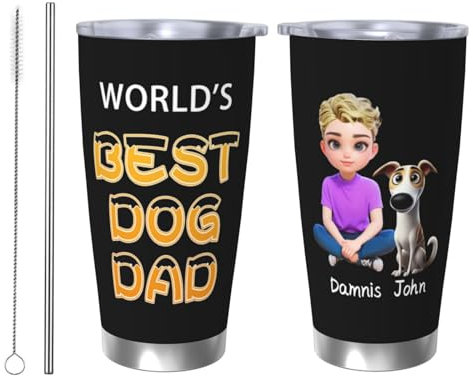 Taza de viaje personalizada con el mejor perro del mundo, vaso de café aislado de acero inoxidable con nombre personalizado, 20 onzas, regalo de cumpleaños para papá y amantes de las mascotas (vaso