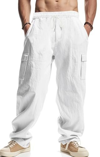 PADOLA Pantalones de Lino Ligero para Hombre Pantalón de Carga con Bolsillos Pantalones Casuales de Corte Holgado con Cordón Elásticos