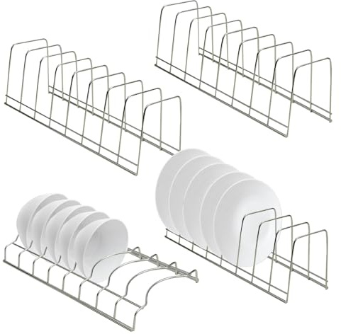 DIBALIYI 4 Pack Pot Lid Organizer for Cabinet with Plate Drying Rack | Stainless Steel Pot Lid Holder for Kitchen, Small Dish Drainer, Serving Trays Container, Counter Storage Shelf for Pans Pots