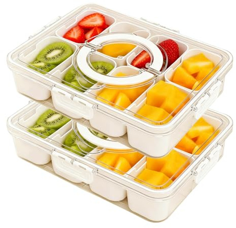 Lahnaokfis 2Pcs Snackbox mit Fächern, 8 Fächern Snackteller mit Deckel, Snackschale mit Griff, Tragbar und Vielseitige Snackbox Organizer, Kinder Obstbox Snackdose für Familientreffen und Picknicks