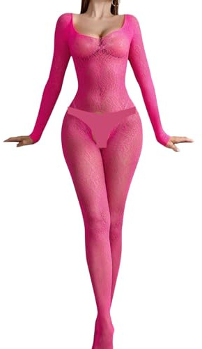 Women Sexy Bodystocking Underwear Hollow Lingerie Bodysuit Babydoll Mesh Teddy Sleepwear Long Sleeves (Rose)