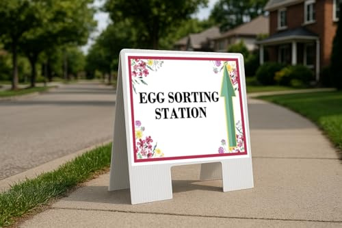 Egg Sorting Station Spring Flowers Plum Pink Up Arrows A-Frame Single Sided 23x23 in. sign