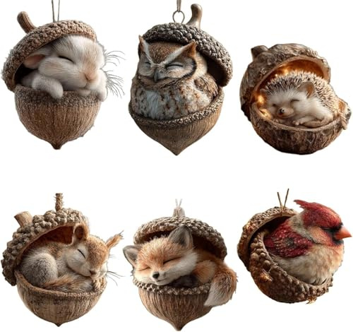 6/10Pcs Weihnachtsbaumschmuck Waldtier Eichels Ornamente, Tier Hängenden Weihnachtsschmuck Anhänger, Niedliche Eicheln und Tannenzapfen Acryl Waldtier Christbaumschmuck, Kaminsims(6pcs)