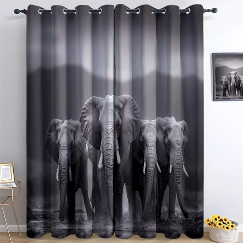 Vorhang Set Blickdicht mit Ösen 2er-Pack, Moderne Zeiten Grasland Migration Elefantenherden Kinder Gardinen Thermo Polyester für Schlafzimmer Kinderzimmer, Vorhänge Fensterdekoration Grau 75 x 166 cm