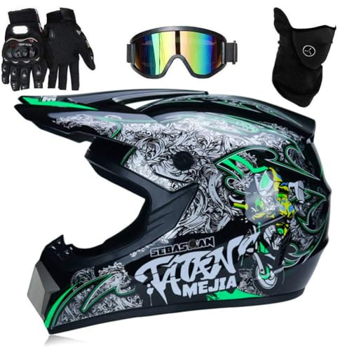 Casco MTB Profesional para Motocross para Niños y Adultos, Casco Motocross para Dirt Bike, Offroad, Moto con Gafas de Protección, Guantes y Cubierta Facial (S)