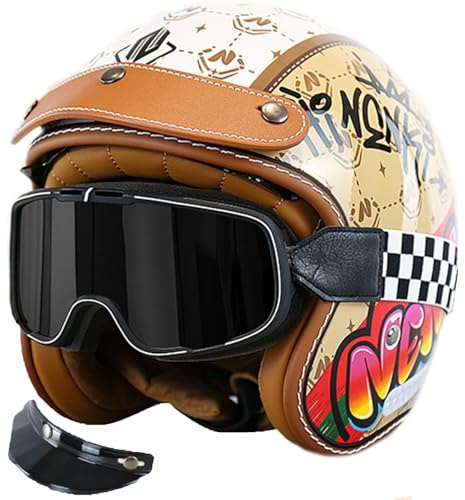 Damhjälm halvt skal, skoterhjälm, DOT/ECE-godkänd öppen ansiktsmotorcykelhjälm, kraschhjälm, mopedhjälm, motorcykelhjälm med vintageglasögon för pendling 2,M (57–58 cm)