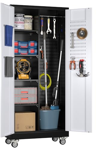 GangMei Metal Broom Closet Storage Cabinet, Garage Storage Cabinet with Wheels, Pegboard, Lockable Doors, 4 Adjustable Shelves for Garage, Home, Black and White, 71 H x 31.5 W x15.75 D