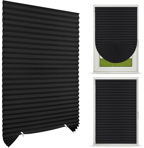 NUTKIT Plissee ohne Bohren, Fenster Plissee 90 x 180cm (BxH) (Schwarz) | Blickdicht Sichtschutz Plisseerollo Faltrollos zum Kleben, 50% Sonnenschutz Verdunkelung Lichtdurchlässig Rollo für Fenster