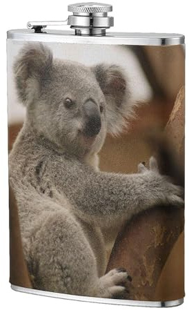 Lindo koala en el árbol,Frasco de acero inoxidable 304 de 8 oz con funda de cuero sintético, frasco de bolsillo para licor plano para exteriores