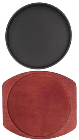 HEALEEP Set di Piastre in Ghisa Rotonde 21 Cm Antiaderenti per Fajitas e Bistecche, Piastra Sfrigolante per Fornelli a Induzione, con Vassoio da Portata in Legno per Cucina Domestica