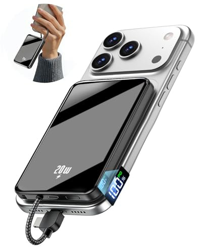 Power Bank 12000mAh, Magnetische Powerbank für iPhone mit 2-in-1 integriertem USB-C & iOS Kabel, Kein kabelloses Laden, 20W Klein Schnellladung, Reise Essential für iPhone 17/Pro Max/16/15/14 & iPad
