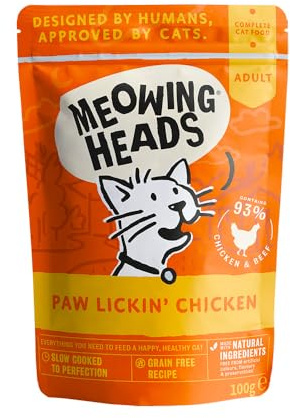 Meowing Heads Wet Cat Food - Paw Lickin' Chicken - 93% Natural Chicken Pouches with No Artificial Flavours, Grain-Free Recipe (10 x 100 g)